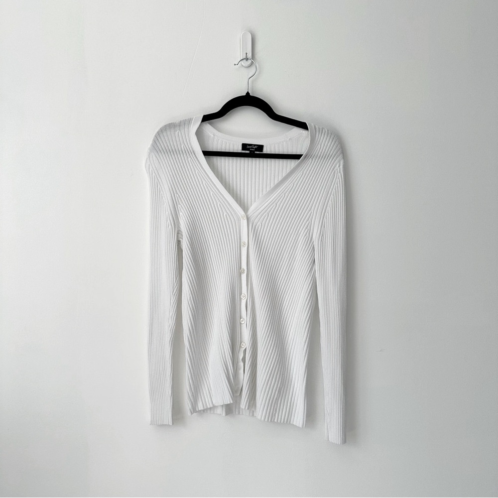 Lord & Taylor White Ribbed Button-Up Cardigan